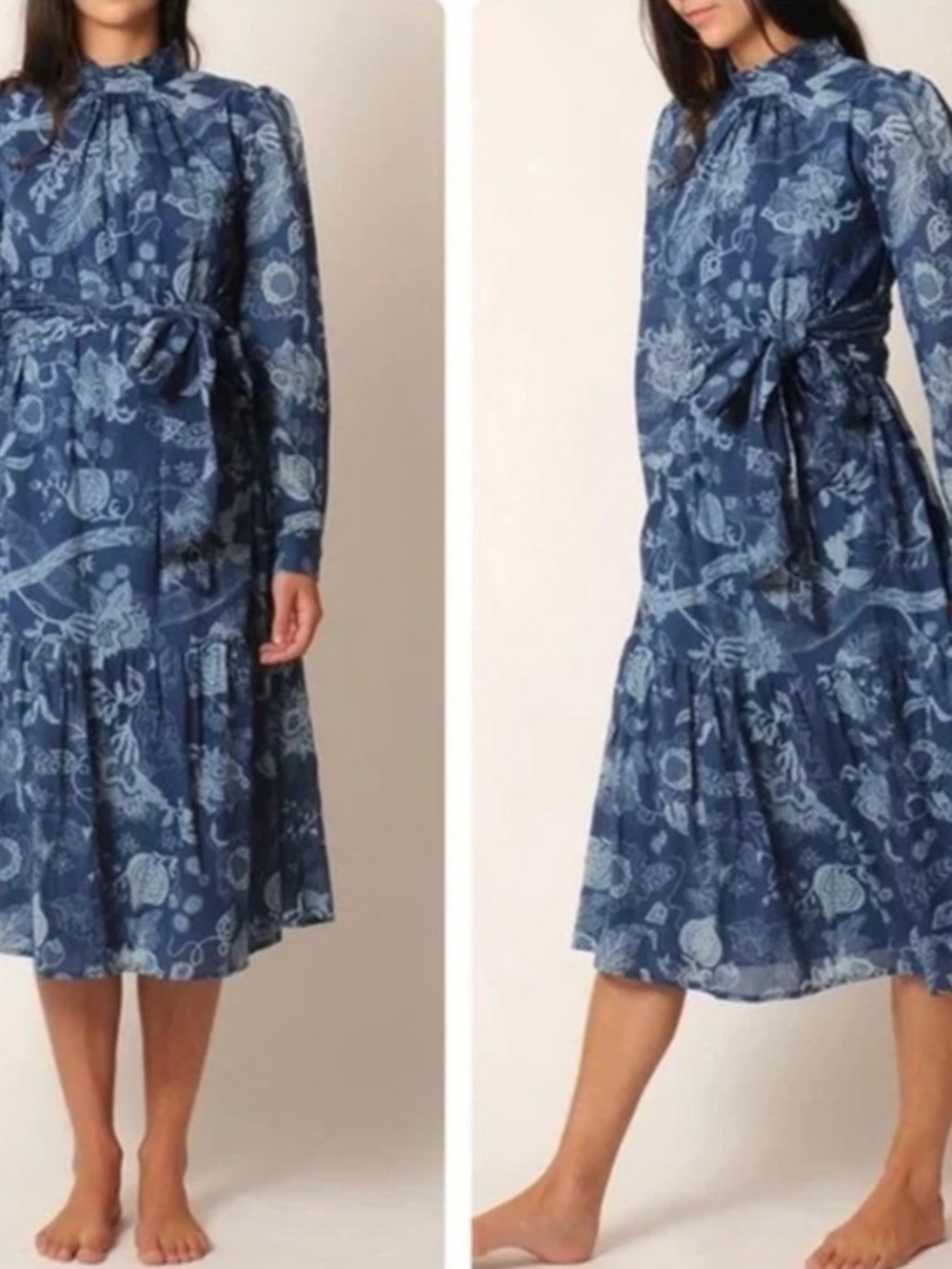 Matta Dress Bhakti Midi Long Sleeve in Natural Indigo Blue Floral